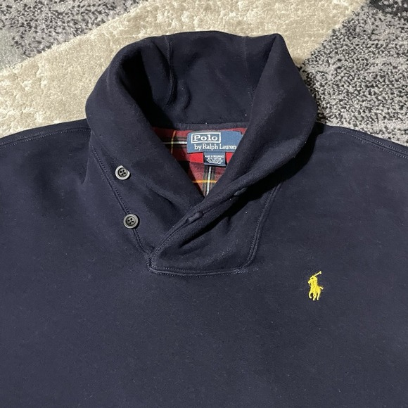 VTG Polo Ralph Lauren Shawl Collar Sweater  Men Large Blue Pullover Pony Dad - Picture 2 of 13